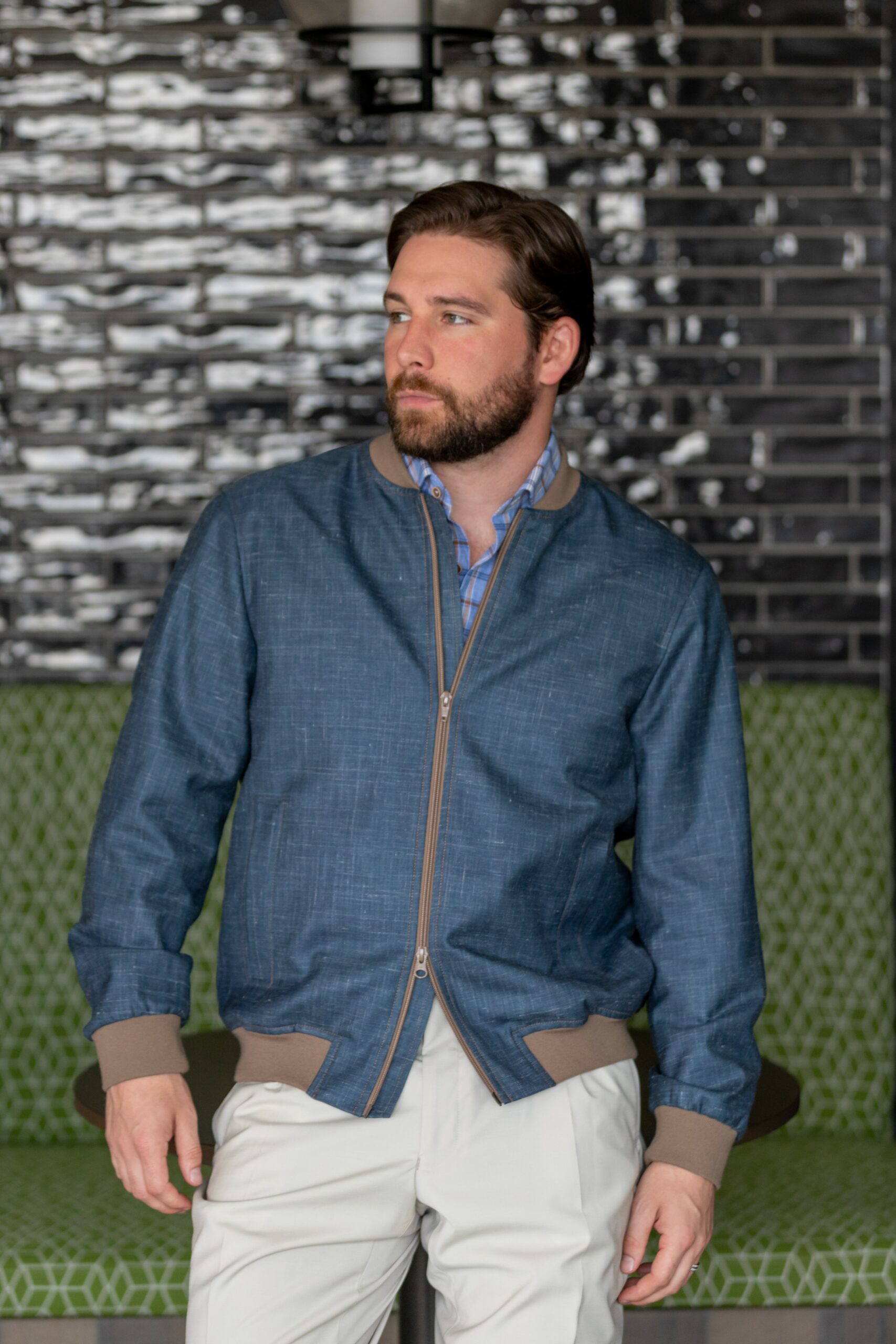 Wool Linen Custom Made Bomber Jacket made with our Derby Performance fabric is a perfect layering piece for Spring and Summer