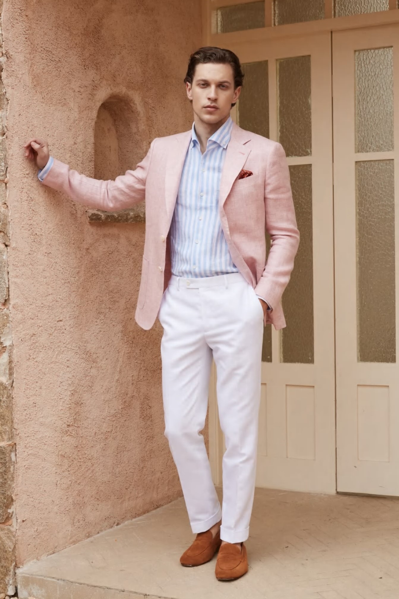 Pink Custom Sport Coat 100% Linen, White Cotton Custom Pants, Light Blue Striped Linen Custom Shirt