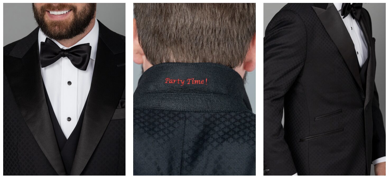 AlphaSuit Bespoke Black-Tie Tuxedo Custom Fabric & Hidden Embroidery Close-up collage of an AlphaSuit custom black tuxedo showing three details: (1) Black satin peak lapels and bow tie on a model smiling; (2) Hidden custom red embroidery ("Party Time!") on the black felt under-collar; (3) Side view of the black-on-black patterned tuxedo fabric with satin-trimmed jetted pockets.