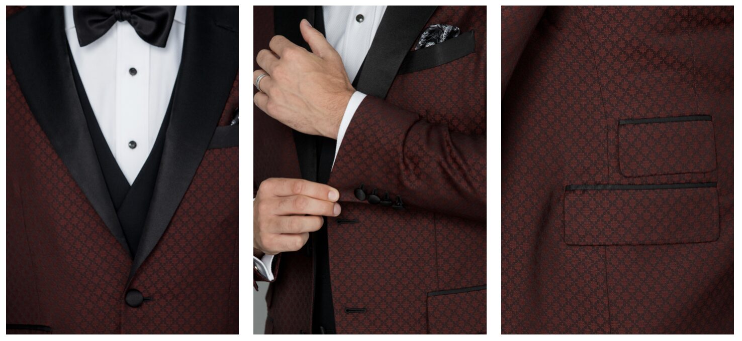 custom magneta Suit- AlphaSuit Close-up collage of an AlphaSuit custom burgundy dinner jacket showing three details: (1) Patterned formal fabric with black satin peak lapels and bow tie; (2) Sleeve cuff detailing with working cuff buttons and a white shirt; (3) Jetted pockets trimmed in black on the textured custom suit fabric.